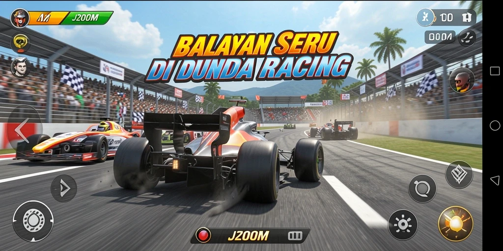 Screenshot utama J200M menampilkan aksi balapan yang intens dan mendebarkan.
