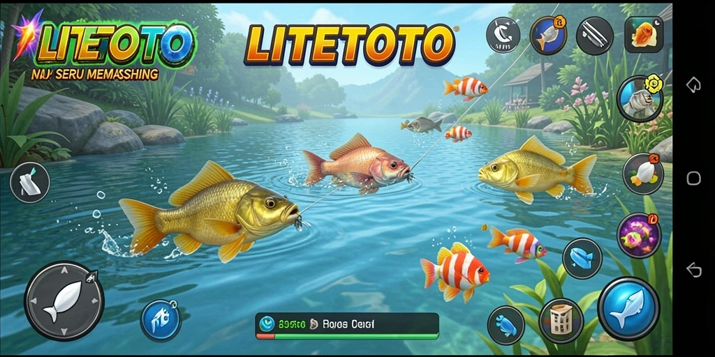 Screenshot gameplay LITETOTO saat memancing di lautan yang indah.