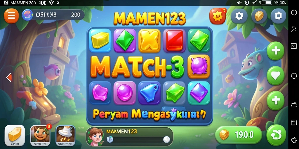 Screenshot gameplay MAMEN123 menampilkan kombinasi warna-warni dalam level Match-3.