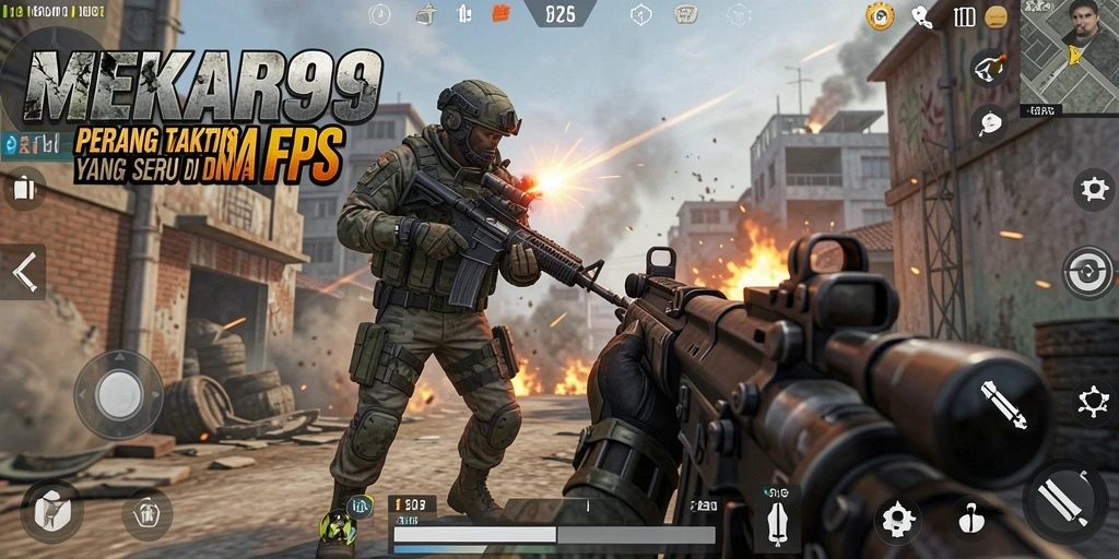 Tampilan aksi gameplay seru di MEKAR99 yang menampilkan pertarungan FPS.