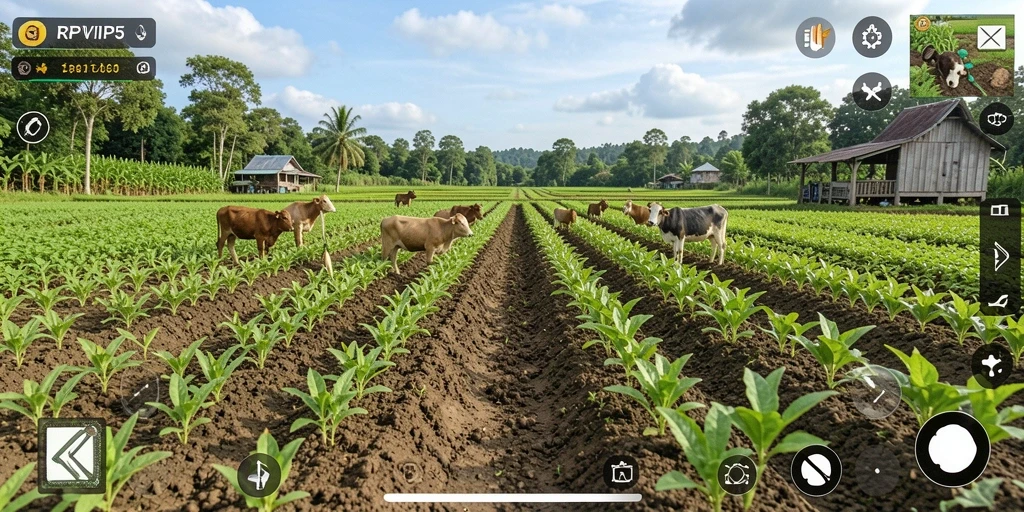 Screenshot gameplay RPVIP5 dengan kebun indah dan beragam tanaman.