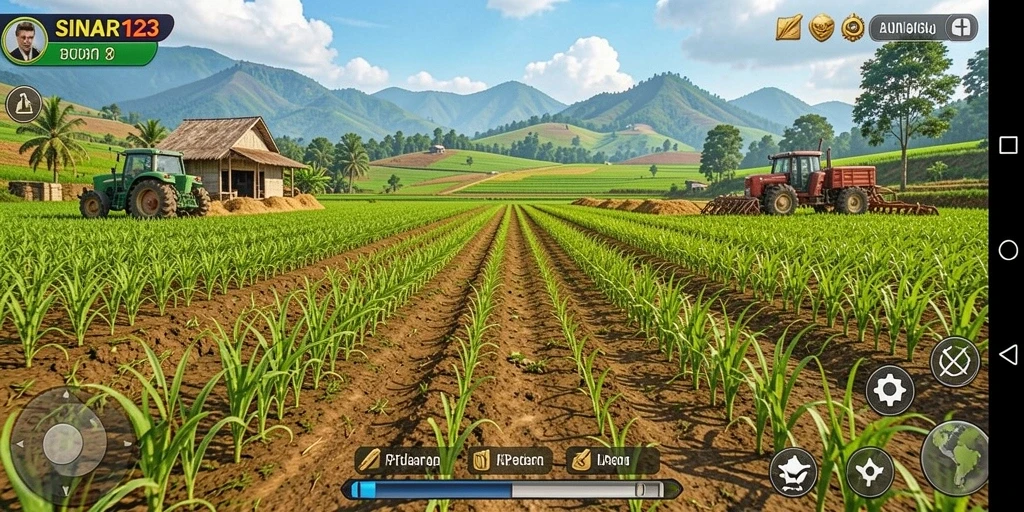 Tampilan gameplay SINAR123 yang menampilkan ladang indah dan tanaman subur.