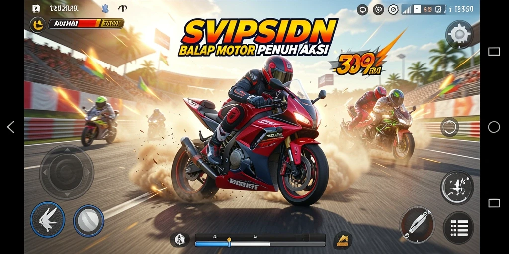 Screenshot gameplay SVIPSIDN menampilkan aksi balap motor yang mendebarkan.