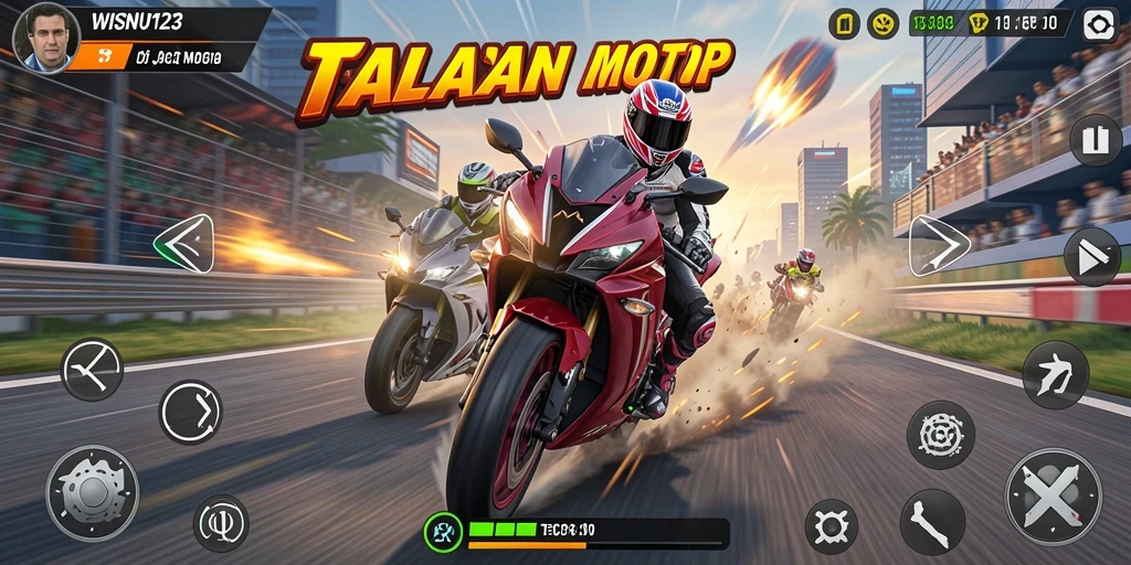 Tangkapan layar WISNU123 menampilkan aksi seru balapan motor di lintasan.